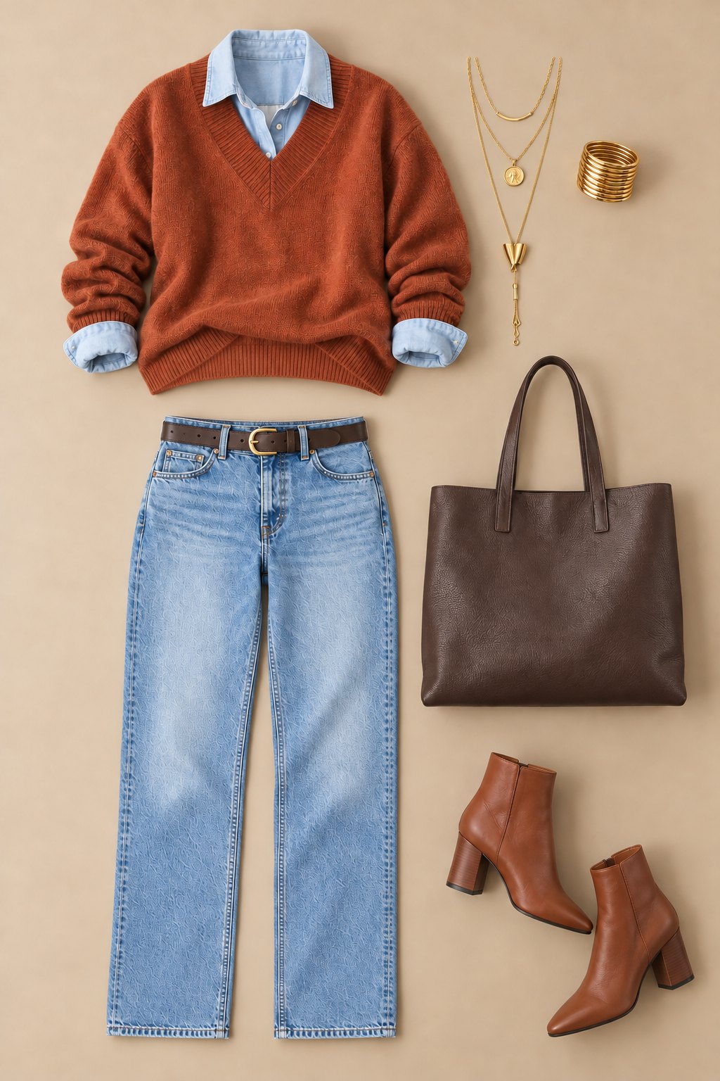 The pieces laid out flat: rust V-neck jumper over a light denim shirt, gold necklaces and bangles, light jeans with a brown belt, a dark brown leather tote, cognac ankle boots